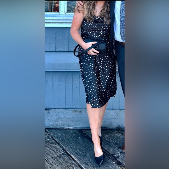 Bebe Black and White Polka Dot Satin Midi Sheath Dress - Picture 3 of 6